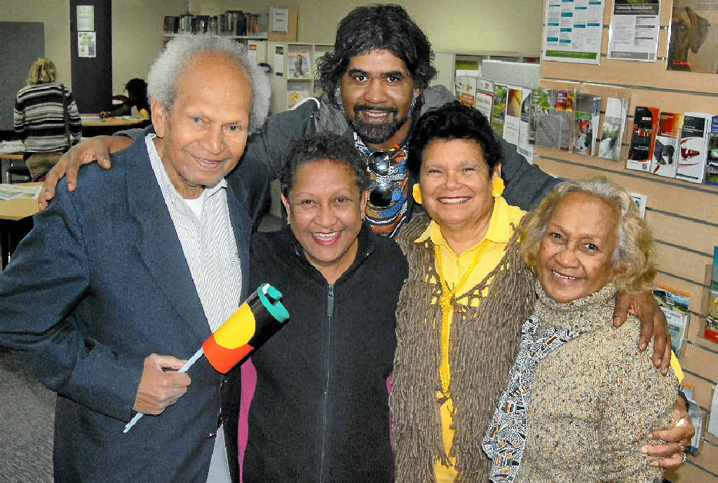 TIGHT KNIT: Sunshine Coast indigenous entertainer Lyndon Davis (back) shows his love for his relatives, indigenous elders Uncle Col Williams, Auntie Karen Miller, Auntie Noeline Carter and Auntie Maxine Chilly. TIGHT KNIT: Sunshine Coast indigenous entertainer Lyndon Davis (back) shows his love for his relatives, indigenous elders Uncle Col Williams, Auntie Karen Miller, Auntie Noeline Carter and Auntie Maxine Chilly.